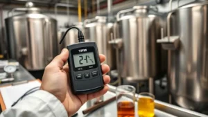 Meter membaca kualitas minyak goreng mendekati standar 24% di dekat stasiun filtrasi stainless steel, dengan alat tulis dan wadah uji bersih sebagai latar belakang