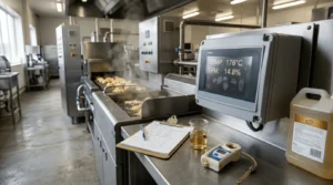 Real-time oil quality monitor on continuous fryer for nuggets, showing temperature and TPM readings with testing tools nearby.