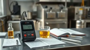 Peralatan oil tester di meja QC laboratorium pabrik abon untuk memeriksa kualitas minyak goreng, alat uji kebusukan minyak mesin penggorengan, fitur kunci pengendalian mutu produksi abon.