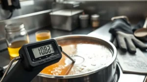 Termometer digital memantau suhu minyak panas dalam wajan stainless untuk menjaga konsistensi tekstur dan warna abon maklon.
