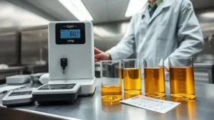 Laboratory technician using digital oil quality tester to measure TPM in cooking oil samples for nugget and sosis rancidity testing.