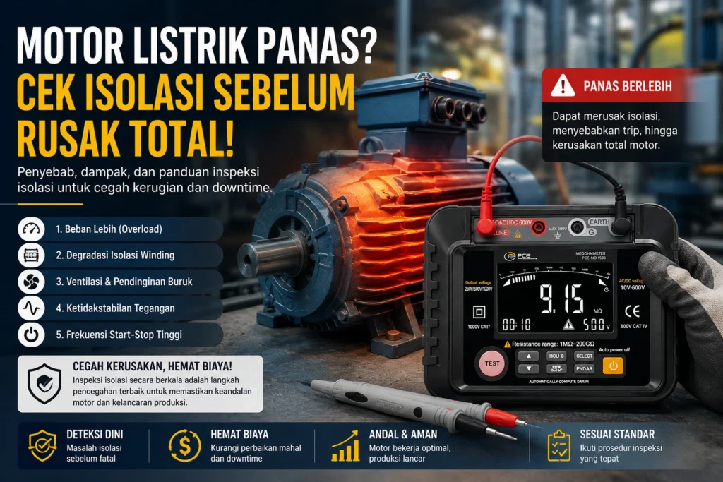 Infografis inspeksi motor listrik panas menggunakan insulation tester untuk memeriksa kondisi isolasi winding dan mencegah kerusakan total.