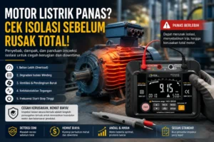 Infografis inspeksi motor listrik panas menggunakan insulation tester untuk memeriksa kondisi isolasi winding dan mencegah kerusakan total.