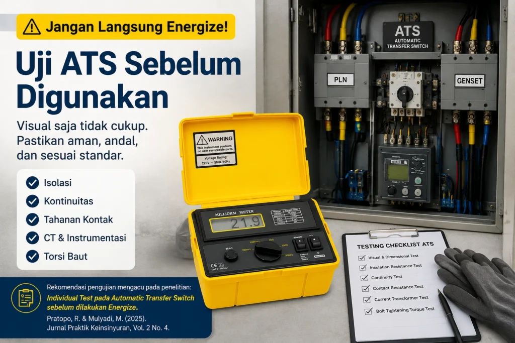 Pengujian ATS sebelum energize menggunakan milliohm meter untuk memeriksa isolasi, kontinuitas, tahanan kontak, CT, dan torsi baut.