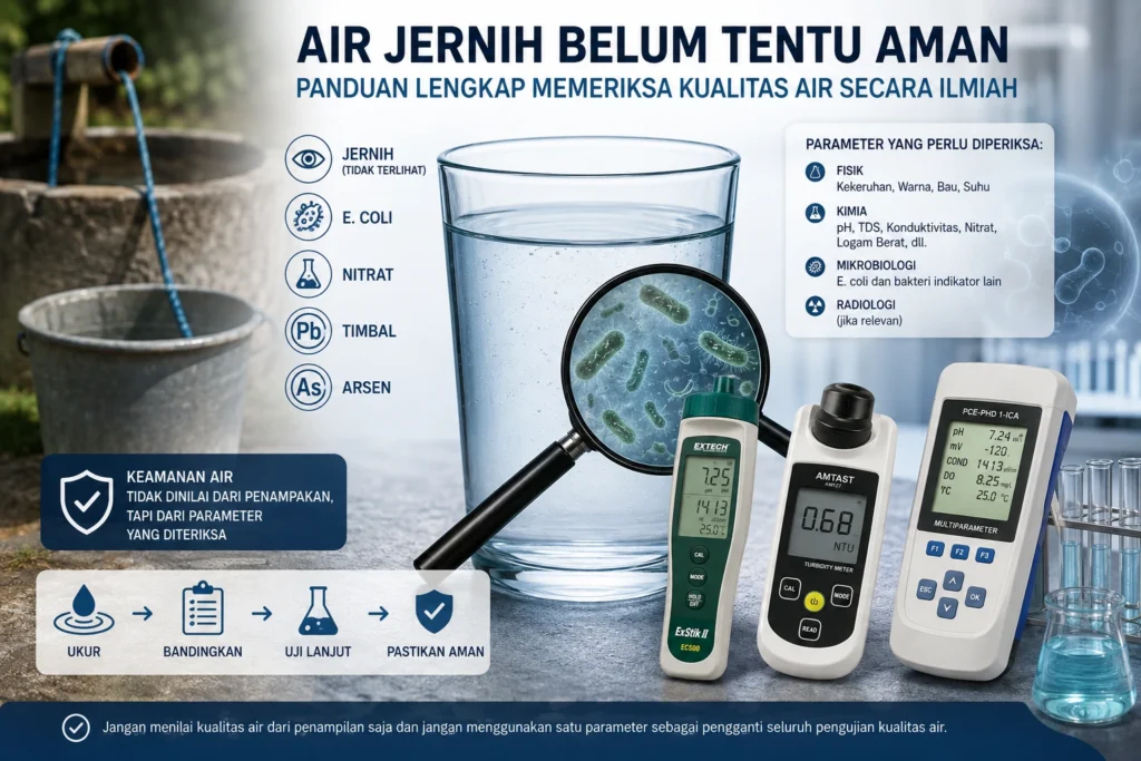 Ilustrasi pemeriksaan kualitas air yang menunjukkan segelas air jernih dengan pembesaran mikroorganisme, disertai alat ukur pH, TDS, konduktivitas, kekeruhan, dan parameter kualitas air lainnya.