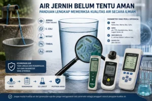 Ilustrasi pemeriksaan kualitas air yang menunjukkan segelas air jernih dengan pembesaran mikroorganisme, disertai alat ukur pH, TDS, konduktivitas, kekeruhan, dan parameter kualitas air lainnya.