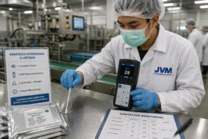 Petugas industri makanan menggunakan ATP luminometer untuk menguji kebersihan permukaan stainless steel setelah proses cleaning.