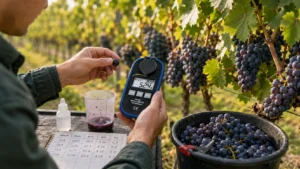 Pengukuran Brix buah anggur matang di kebun menggunakan refraktometer digital untuk menentukan waktu panen yang optimal.