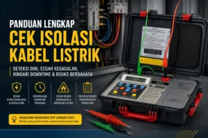 Ilustrasi alat insulation resistance tester untuk cek isolasi kabel listrik, dengan probe pengukuran dan latar panel listrik industri.