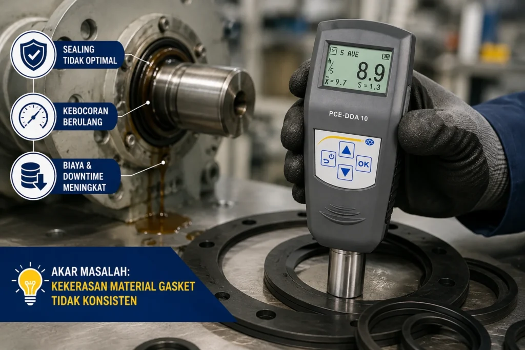 Portable hardness tester PCE-DDA 10 mengukur kekerasan material gasket untuk mencegah kebocoran seal, meningkatkan kualitas sealing, dan mengurangi downtime pada mesin industri.