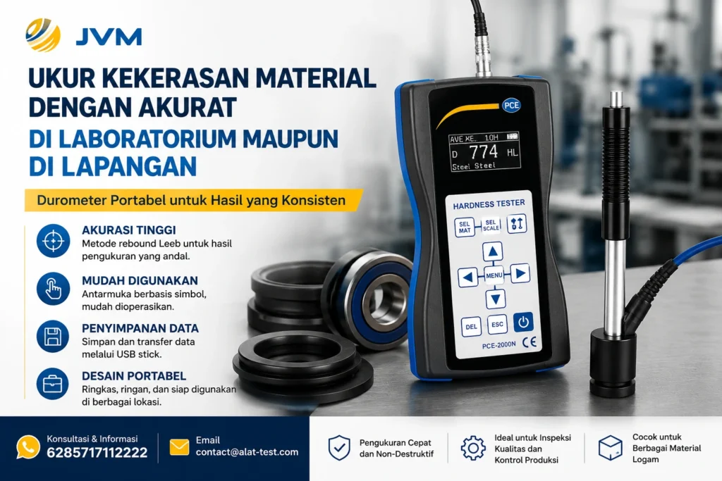 Teknisi menggunakan Hardness Tester PCE-2000N untuk mengukur kekerasan material logam secara akurat di lingkungan industri. Ilustrasi menampilkan alat uji portabel lengkap dengan impact device, logo JVM, serta informasi fitur seperti akurasi tinggi, penyimpanan data USB, dan desain portabel.