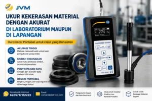 Teknisi menggunakan Hardness Tester PCE-2000N untuk mengukur kekerasan material logam secara akurat di lingkungan industri. Ilustrasi menampilkan alat uji portabel lengkap dengan impact device, logo JVM, serta informasi fitur seperti akurasi tinggi, penyimpanan data USB, dan desain portabel.