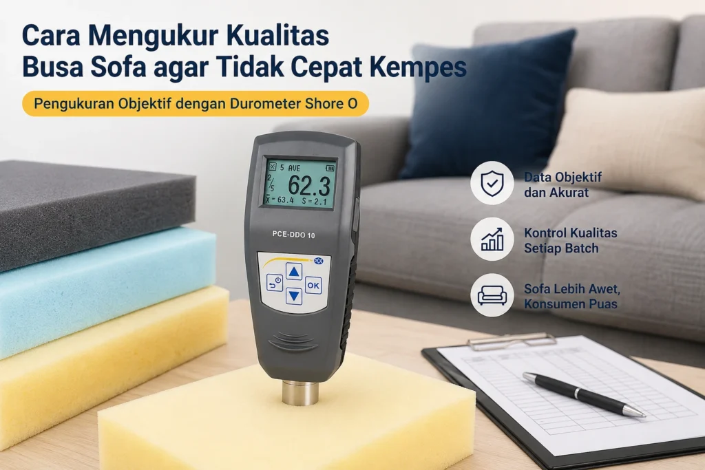 Durometer Shore O PCE-DDO 10 digunakan untuk mengukur kekerasan busa sofa pada sampel foam di lingkungan kontrol kualitas industri furniture guna memastikan busa tidak cepat kempes.