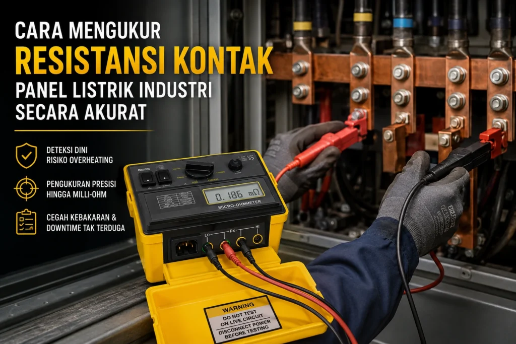 Alat ukur resistansi mikro-ohm digunakan untuk mengukur resistansi kontak busbar pada panel listrik industri secara akurat.
