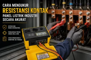 Alat ukur resistansi mikro-ohm digunakan untuk mengukur resistansi kontak busbar pada panel listrik industri secara akurat.