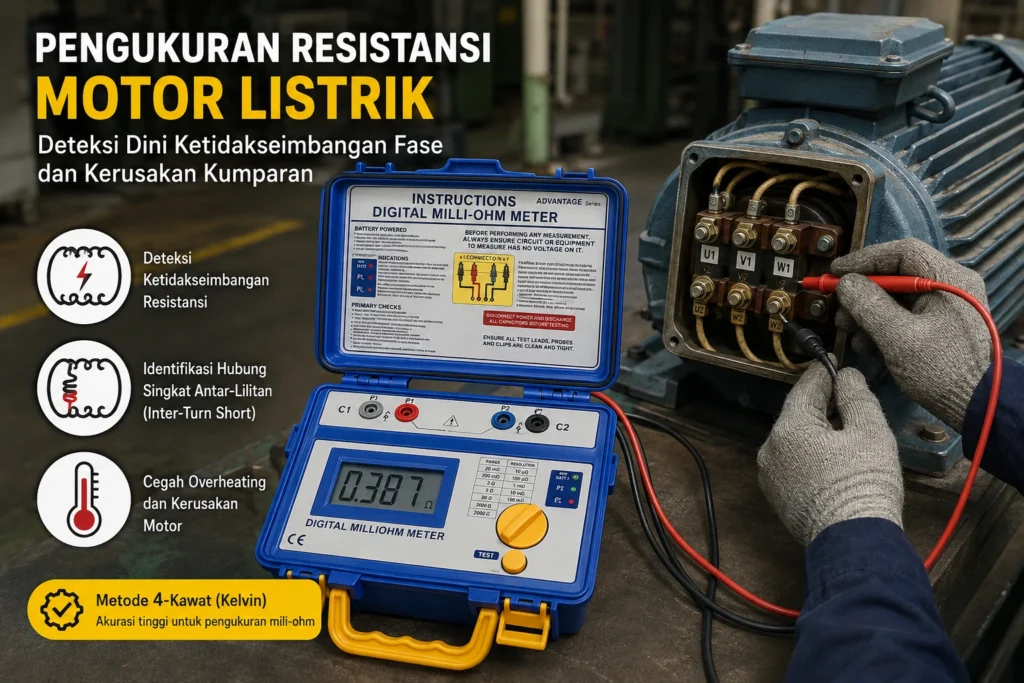 Pengukuran resistansi motor listrik menggunakan digital milliohm meter dengan metode 4-kawat Kelvin untuk mendeteksi ketidakseimbangan fase dan kerusakan kumparan.