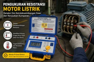 Pengukuran resistansi motor listrik menggunakan digital milliohm meter dengan metode 4-kawat Kelvin untuk mendeteksi ketidakseimbangan fase dan kerusakan kumparan.
