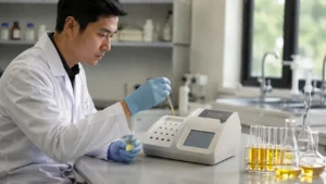 ahli laboratorium minyak melakukan uji FFA dengan meneteskan sampel dan reagen untuk menganalisa kadar free fatty cid ffa, peroxide value pv, iodine value iv dan dobi dengan alat CDR Palm Analysis