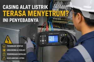 Teknisi memeriksa casing alat listrik menggunakan installation tester untuk mengetahui tegangan sentuh