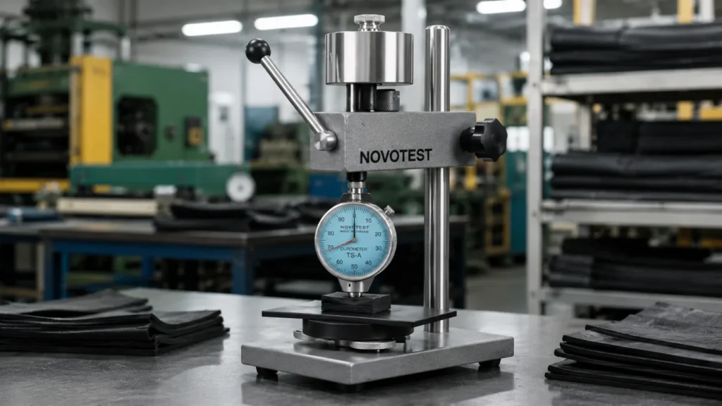 pengukuran kekerasan karet EPDM di Industri pengolahan karet menggunakan durometer novotest TS-A