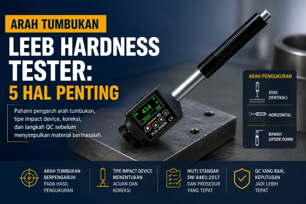 Teknisi melakukan pengukuran kekerasan logam dengan Leeb hardness tester pada posisi vertikal dan horizontal