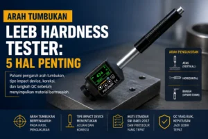 Teknisi melakukan pengukuran kekerasan logam dengan Leeb hardness tester pada posisi vertikal dan horizontal
