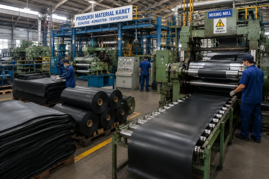 Pabrik produksi material karet dengan mesin mixing mill, conveyor, dan pekerja yang mengolah lembaran karet menjadi bahan baku untuk berbagai kebutuhan industri.