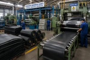Pabrik produksi material karet dengan mesin mixing mill, conveyor, dan pekerja yang mengolah lembaran karet menjadi bahan baku untuk berbagai kebutuhan industri.