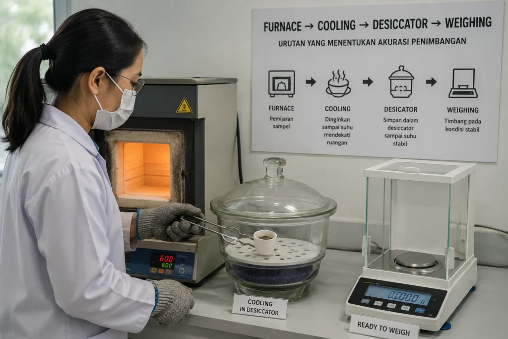 Sampel dalam crucible didinginkan sebelum ditimbang setelah keluar dari muffle furnace