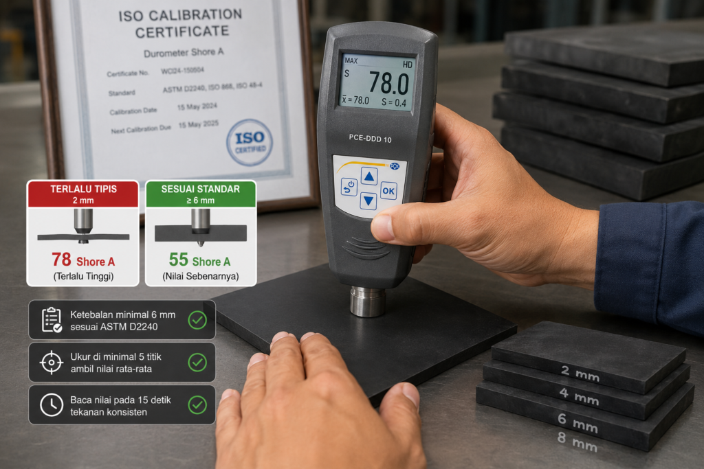 Durometer Shore mengukur kekerasan material elastomer dengan sampel ketebalan 6 mm, disertai ilustrasi perbandingan hasil pengukuran sampel tipis dan sesuai standar.