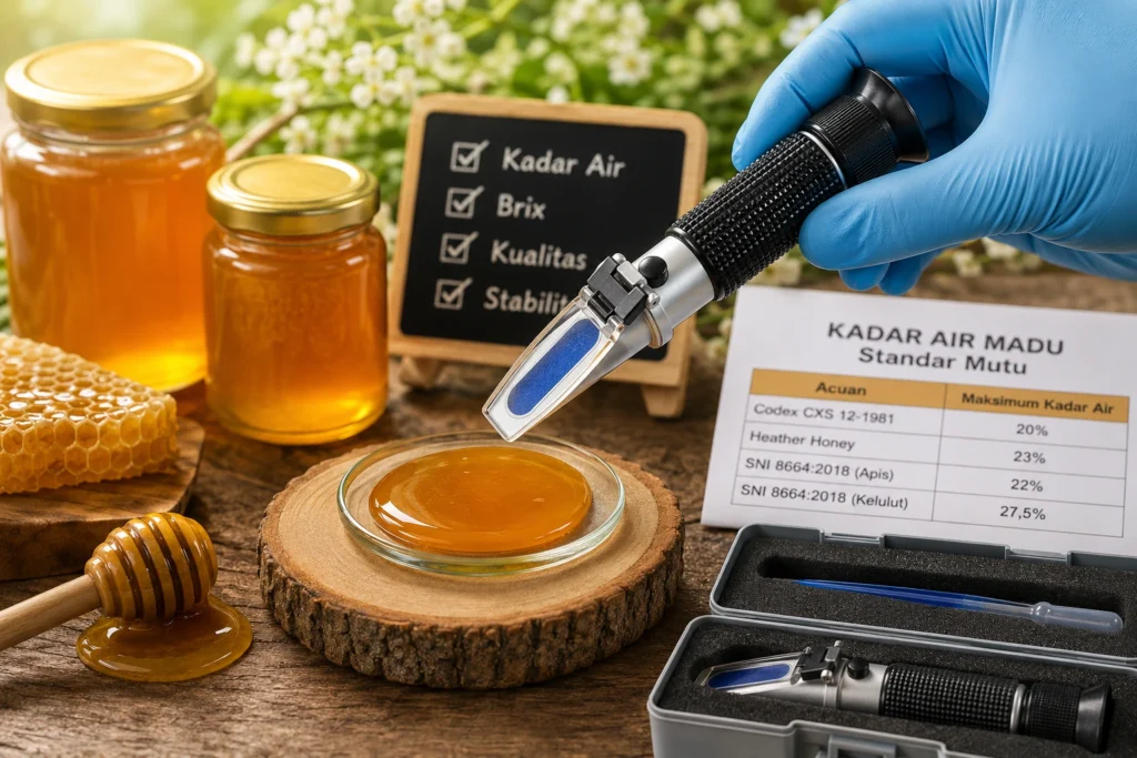 Refractometer genggam digunakan untuk menguji kadar air madu di samping sampel madu, stoples madu, dan alat pendukung pengujian.