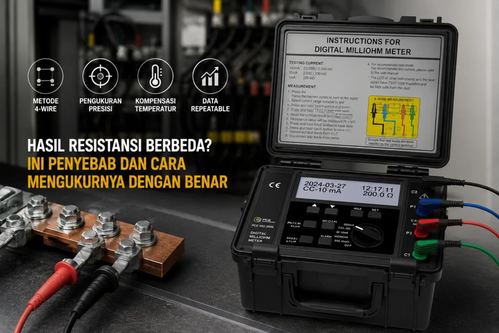 Digital milliohm meter PCE-MO 2006 untuk pengukuran resistansi rendah dengan metode 4-wire pada sambungan konduktif.