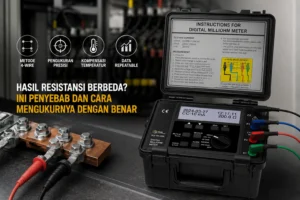 Digital milliohm meter PCE-MO 2006 untuk pengukuran resistansi rendah dengan metode 4-wire pada sambungan konduktif.