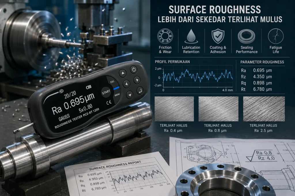 Alat ukur kekasaran permukaan mengukur shaft logam dengan menampilkan nilai Ra 0,695 µm, disertai grafik profil permukaan dan parameter roughness seperti Ra, Rz, Rq, dan Rt.