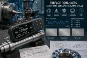 Alat ukur kekasaran permukaan mengukur shaft logam dengan menampilkan nilai Ra 0,695 µm, disertai grafik profil permukaan dan parameter roughness seperti Ra, Rz, Rq, dan Rt.