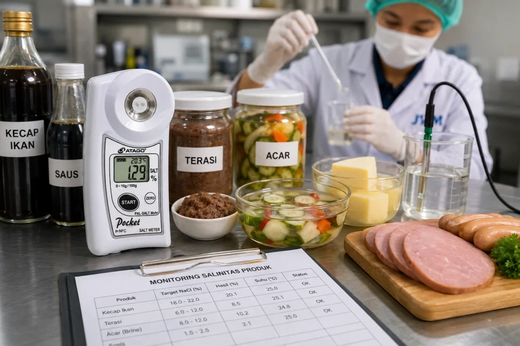Salt meter digunakan untuk mengukur kadar garam pada berbagai produk makanan seperti kecap ikan, terasi, acar, keju, dan produk daging di laboratorium pengujian pangan.