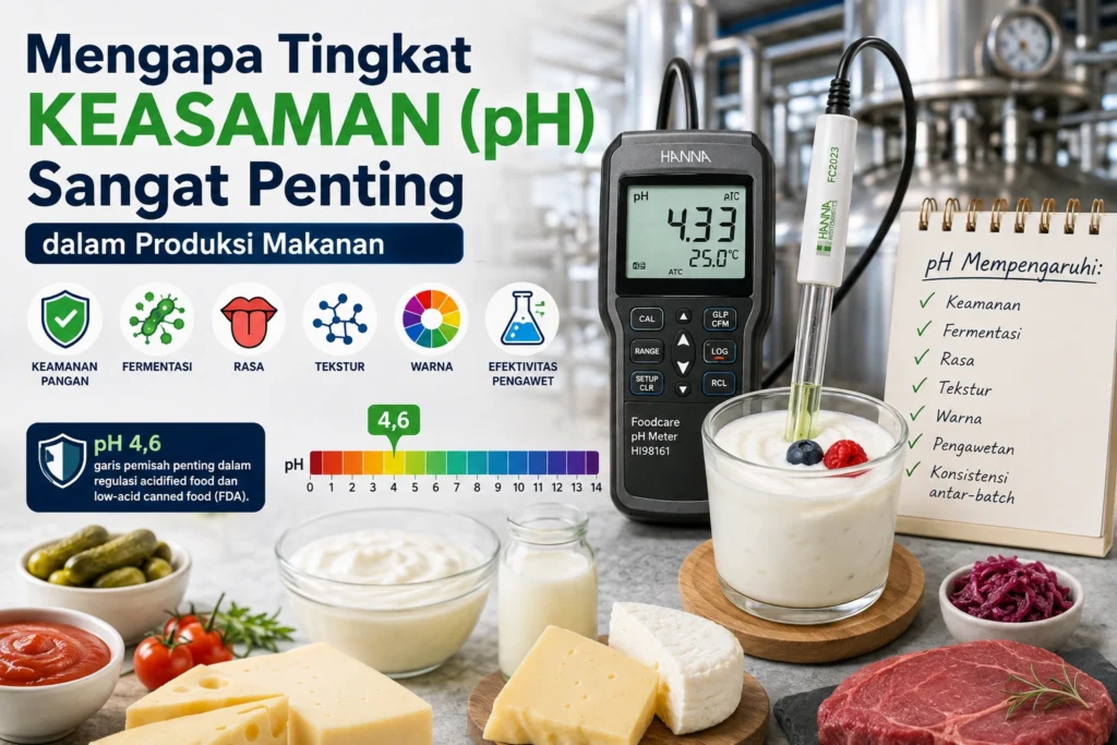 Infografis tentang pentingnya pH dalam produksi makanan, menampilkan pH meter yang mengukur yoghurt dengan pembahasan keamanan pangan, fermentasi, rasa, tekstur, warna, efektivitas pengawet, dan batas pH 4,6.