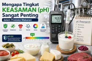 Infografis tentang pentingnya pH dalam produksi makanan, menampilkan pH meter yang mengukur yoghurt dengan pembahasan keamanan pangan, fermentasi, rasa, tekstur, warna, efektivitas pengawet, dan batas pH 4,6.