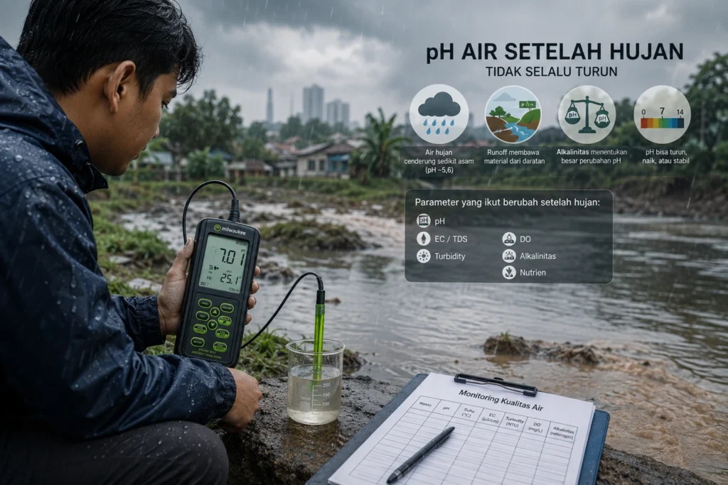 Petugas mengukur pH air sungai setelah hujan menggunakan pH meter portabel dan elektroda, dengan latar aliran air serta limpasan permukaan.
