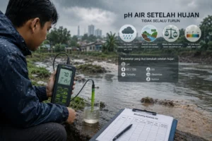 Petugas mengukur pH air sungai setelah hujan menggunakan pH meter portabel dan elektroda, dengan latar aliran air serta limpasan permukaan.