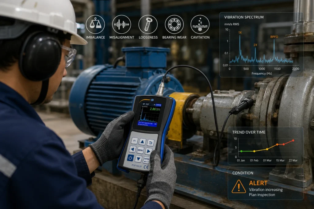 Teknisi menggunakan vibration analyzer untuk memeriksa getaran motor dan pompa industri, dengan tampilan spektrum frekuensi dan grafik tren kondisi mesin.