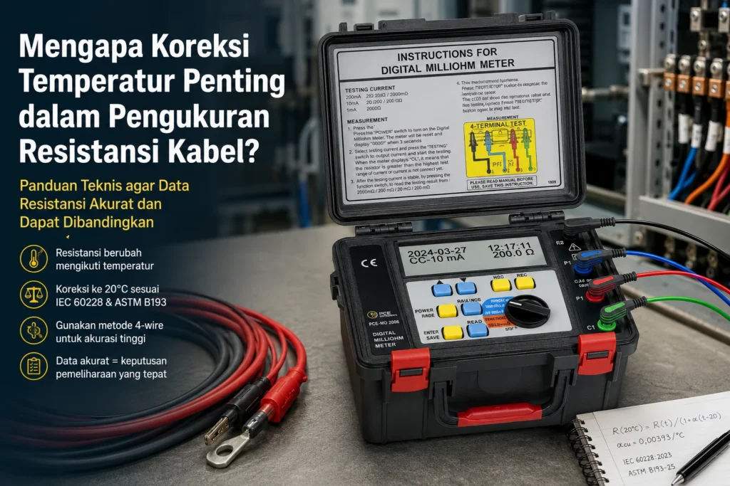Feature image pengukuran resistansi kabel menggunakan digital milliohm meter metode 4-wire dengan koreksi temperatur 20°C.