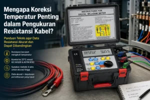 Feature image pengukuran resistansi kabel menggunakan digital milliohm meter metode 4-wire dengan koreksi temperatur 20°C.