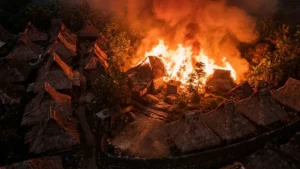 kebakaran di desa sade kalimantan dimalam hari yang menyebar cepat disertai api besar dan asap tebal
