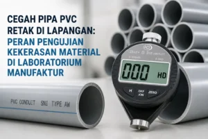 Durometer Shore D digital PCE-DD-D digunakan untuk menguji kekerasan material pipa PVC rigid sebagai bagian dari quality control di laboratorium manufaktur.