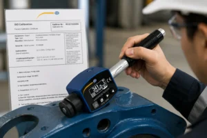 Teknisi quality control melakukan hardness test pada komponen logam berlapis cat menggunakan portable Leeb hardness tester PCE-2550-ICA dengan sertifikat kalibrasi ISO.