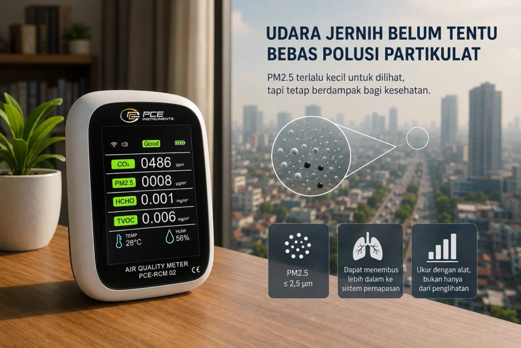 Monitor kualitas udara PCE-RCM 02 menampilkan kadar PM2.5, CO₂, HCHO, TVOC, suhu, dan kelembapan di dalam ruangan dengan latar kota.