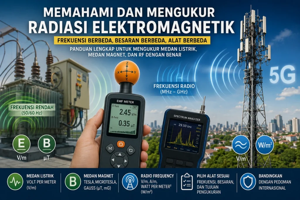 Pengukuran radiasi elektromagnetik menggunakan EMF meter pada lingkungan dengan perangkat elektronik