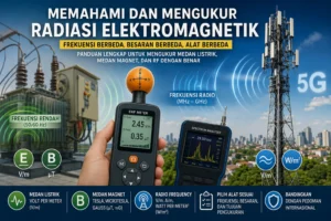 Pengukuran radiasi elektromagnetik menggunakan EMF meter pada lingkungan dengan perangkat elektronik