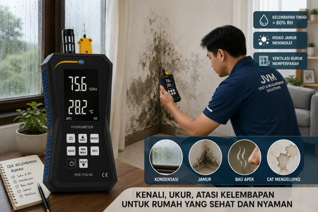 Alat ukur kelembapan PCE-THD 50 menunjukkan 75,6% RH dan 28,2°C saat pemeriksaan dinding rumah yang mengalami jamur dan kelembapan tinggi.